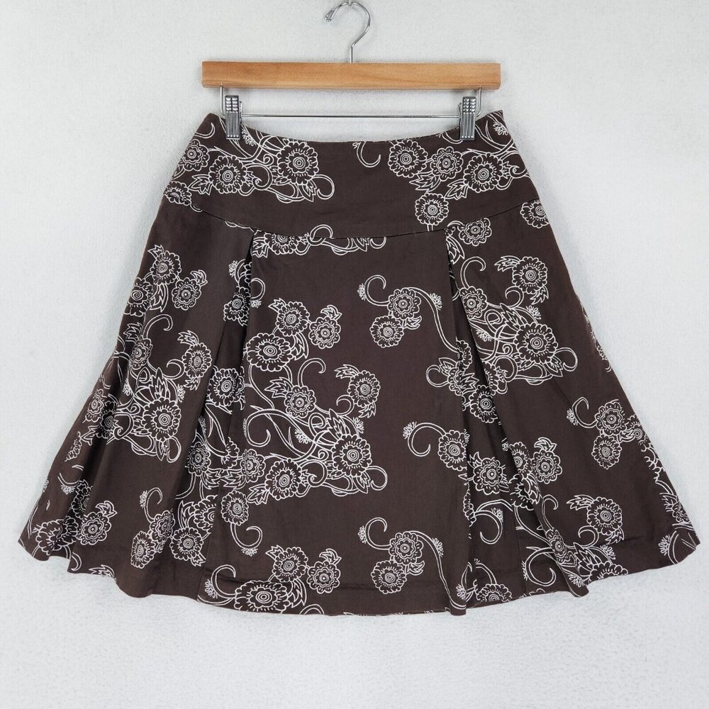 J McGlaughlin Skirt Womens 6 Brown Floral A Line Pleated Cotton Blend USA Made